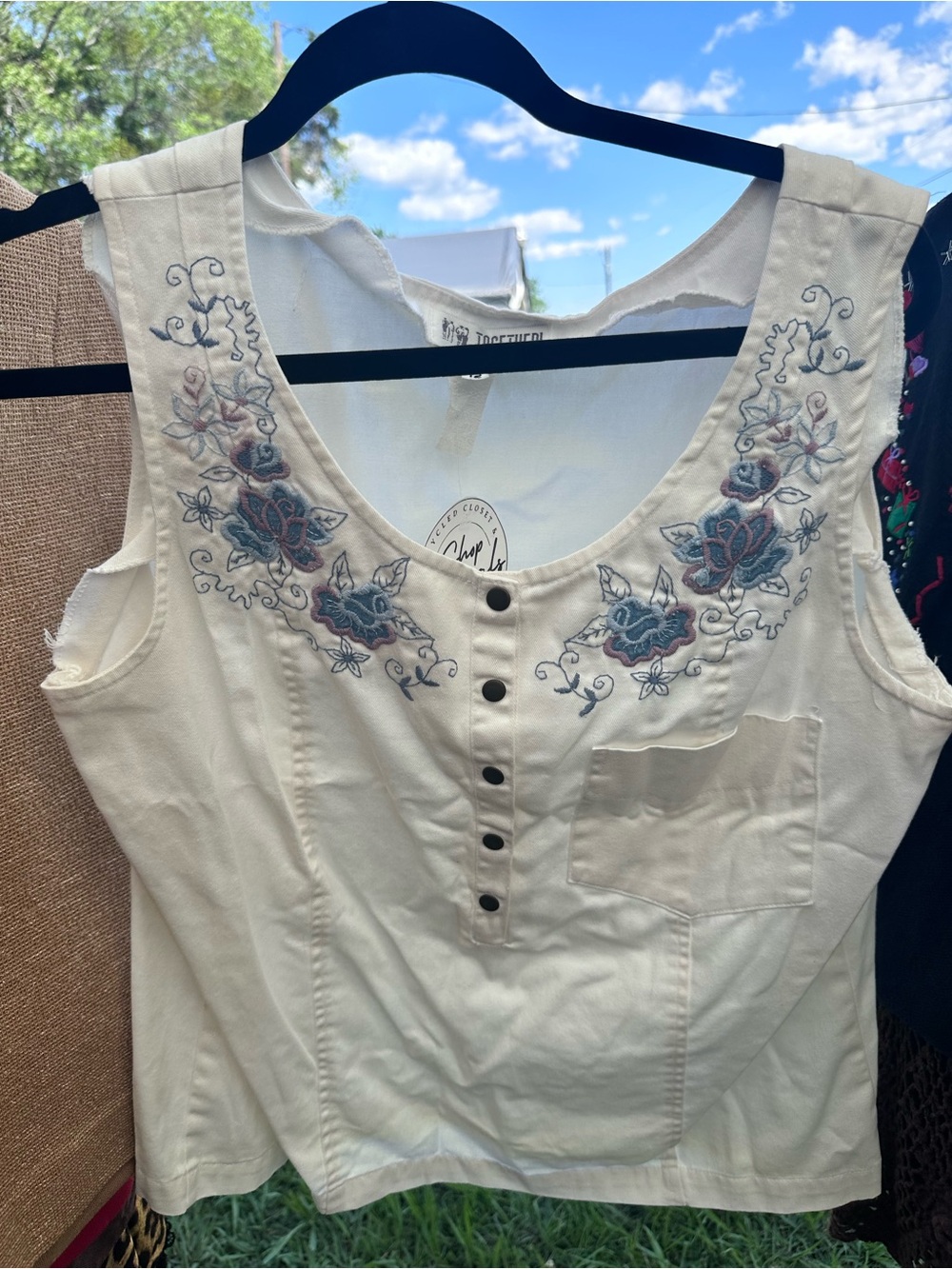 Together Cream Sleeveless Embroidered Button Tank